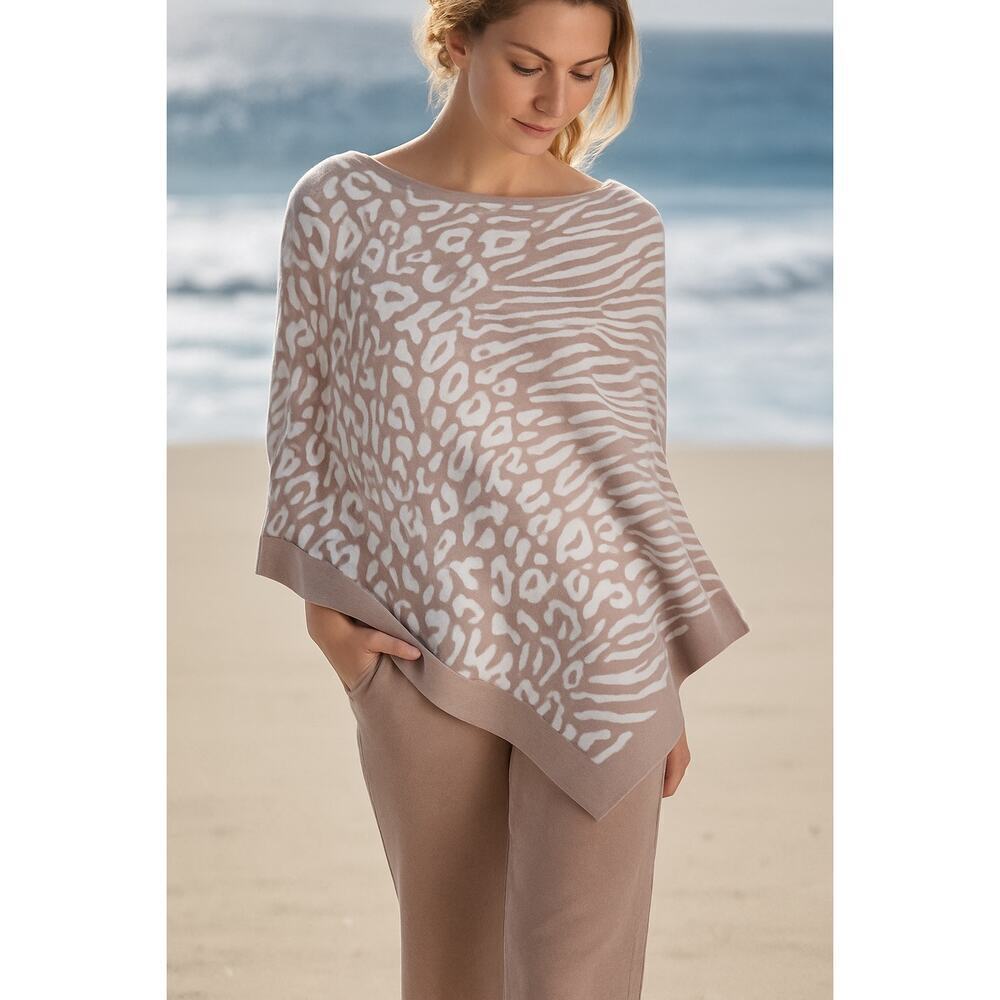 Barefoot Dreams CozyChic Ultra Lite Animal Print Poncho O/S Taupe White